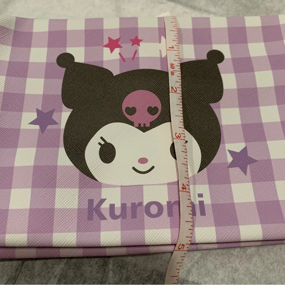 Kuromi Purple and White Gingham Check Zip Make Up Bag Pouch with Side Handle